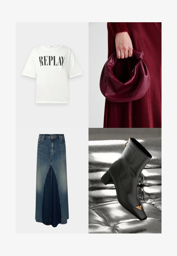 T-shirt branco de mangas curtas com impressão preta "REPLAY" centralizada no peito, apresentando um decote redondo e um corte descontraído.; Saia maxi em denim azul com pregas invertidas frontais, passantes para cinto, fecho de botão e zíper, e detalhe de lavagem desbotada.; Bota de tornozelo em couro preto com bico quadrado, detalhe triangular dourado e salto de altura média. Textura lisa contra um fundo prateado brilhante.; Bolsa de couro bordô com um design suave e franzido, e uma forma arredondada. A alça é fixa, apresentando uma textura suave.