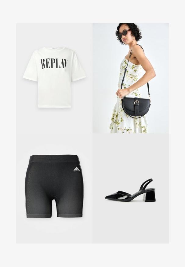 Fehér, rövid ujjú póló fekete "REPLAY" felirattal, középen a mellrészen, kerek nyakkivágással és lazább szabással.; Fekete sportnadrág struktúrált anyagból, rugalmas derékkal és egy kis fehér Adidas logóval a bal felső oldalon.; Fekete lakk bőr szandálkés magas sarkú cipő, hegyes orral és geometrikus tömbsarkakkal. Karcsú, minimalista dizájn és sima textúra jellemzi.; Fekete bőrtáska ívelt formával, levehető pánttal és arany színű fémrészekkel. A táskán egy csattal díszített fedél található.