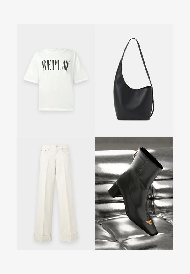 White short-sleeve t-shirt with black "REPLAY" print centered on the chest, featuring a round neckline and relaxed fit.; Wide-leg cream trousers made of cotton, featuring a folded hem and belt loops. Designed with two front pockets and a front button closure.; Black leather ankle boot with a square toe, gold triangular accent, and mid-height heel. Smooth texture against shiny silver background.; Black leather hobo bag with a smooth texture, curved shape, and single adjustable strap; features a wide opening at the top.