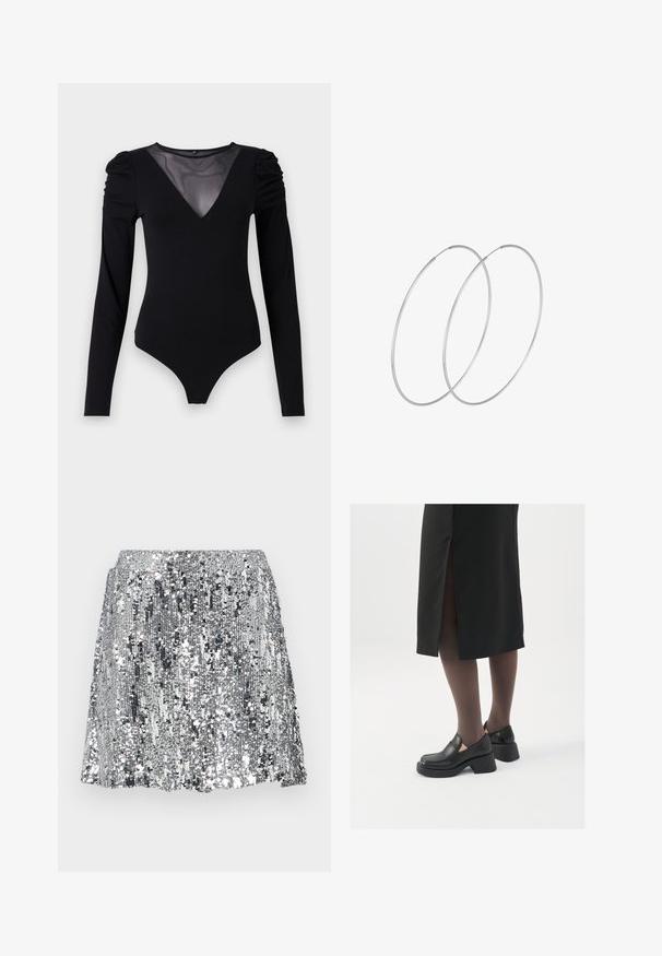 Bodysuit negro de manga larga, con un escote en V de malla y detalle fruncido en los hombros. Tejido suave con una forma ajustada.; JJXX JXTARA SEQUIN - Minifalda - silver; Zapatos de piel negra con punta redondeada, tacón grueso y bloque, y acentos elásticos en los laterales, combinados con unos pantys oscuros y una falda negra con una abertura.; Pendientes de aro plateados con un diseño minimalista. Forma circular, textura suave y perfil delgado. Livianos con un acabado pulido.