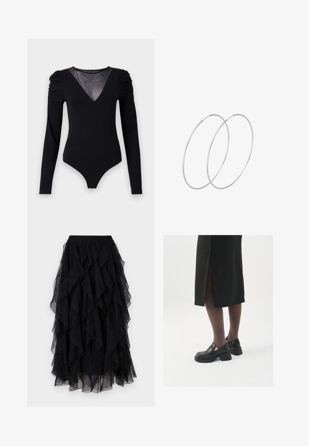 Černý body s dlouhými rukávy, vyznačující se síťovým výstřihem do V a nařasenými detaily na ramenech. Hladký materiál s přiléhavým střihem.; Černá tylová sukně s vrstvenými volány, měkkou texturou a jemnými třpytivými akcenty. Elastický pas pro pohodlné nošení.; Černé kožené boty s kulatou špičkou, silným blokovým podpatkem a elastickými bočními akcenty, spárované s tmavými punčochami a černou sukní se rozparkem.; Stříbrné kruhové náušnice s minimalistickým designem. Kruh, hladký povrch a tenký profil. Lehká konstrukce s lesklým povrchem.