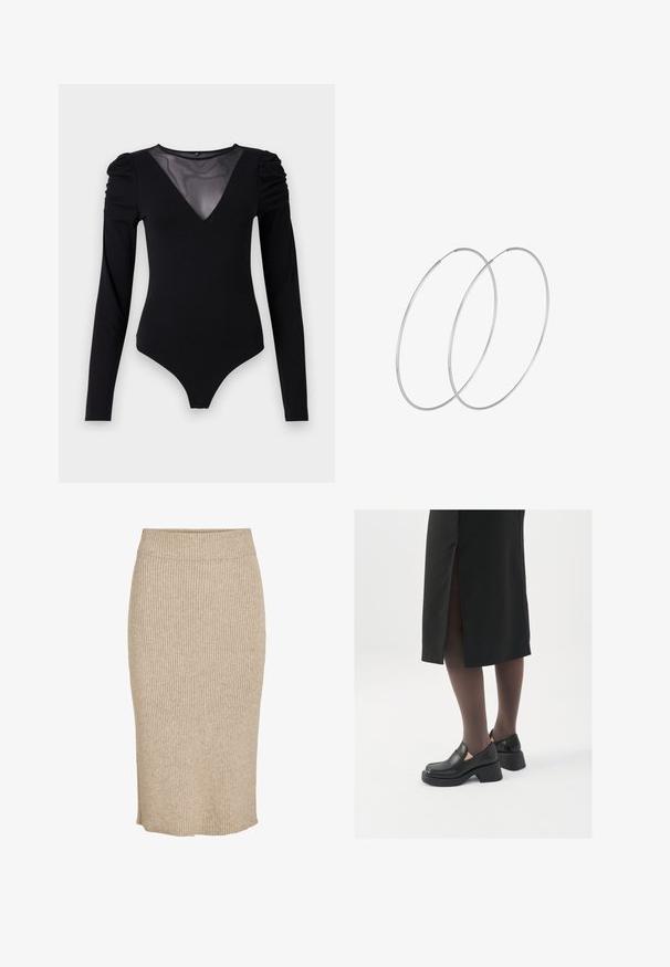Čierny body s dlhými rukávmi, s rezom do V z priesvitnej látky a zhromaždením na pleciach. Hladká tkanina s priliehavým strihom.; Pletená sukňa vo svetlo béžovej farbe s vertikálnou rebrovanou textúrou, po kolená, s elastickým pásom a rovný strih.; Čierne kožené topánky s okrúhlou špičkou, silným blokovým opätkom a elastickými bočnými akcentmi, skombinované s tmavými pančuchami a čiernou sukňou so štiepením.; Strieborné kruhové náušnice s minimalistickým dizajnom. Cirkulárny tvar, hladký povrch a tenký profil. Ľahké s lesklým povrchom.