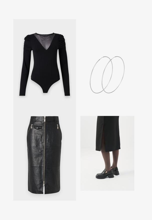Černý body s dlouhými rukávy, vyznačující se síťovým výstřihem do V a nařasenými detaily na ramenech. Hladký materiál s přiléhavým střihem.; Černá kožená tužková sukně s krokodýlí texturou, s předním zipem a dvěma bočními kapsami na zip. Hladký povrch a přiléhavý střih.; Černé kožené boty s kulatou špičkou, silným blokovým podpatkem a elastickými bočními akcenty, spárované s tmavými punčochami a černou sukní se rozparkem.; Stříbrné kruhové náušnice s minimalistickým designem. Kruh, hladký povrch a tenký profil. Lehká konstrukce s lesklým povrchem.
