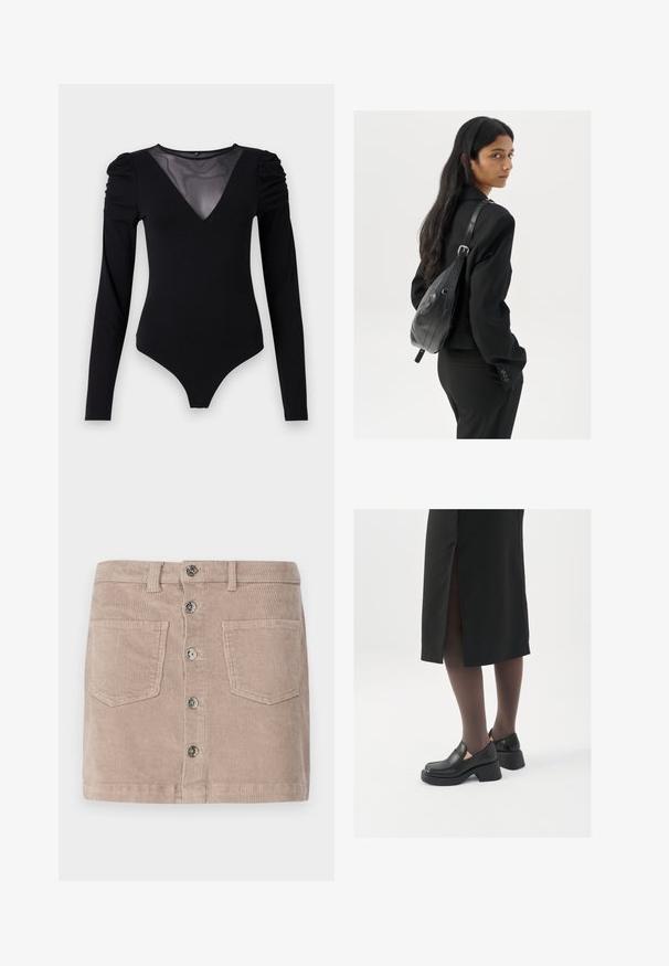 Bodysuit noir à manches longues, avec un décolleté en V en maille et des détails froncés aux épaules. Tissu lisse avec une silhouette ajustée.; ONLY ONLAMAZING HW LIFE PNT N - Minijupe - goat; Chaussures noires en cuir avec un bout arrondi, un épais talon bloc et des accents latéraux élastiques, associées à des bas foncés et une jupe noire avec une fente.; Femme avec de longs cheveux foncés portant un costume noir, portant un sac à épaule en cuir noir, regardant par-dessus son épaule contre un fond blanc.; Boucles d'oreilles en argent au design minimaliste. Forme circulaire, texture lisse et profil fin. Légères avec une finition polie.