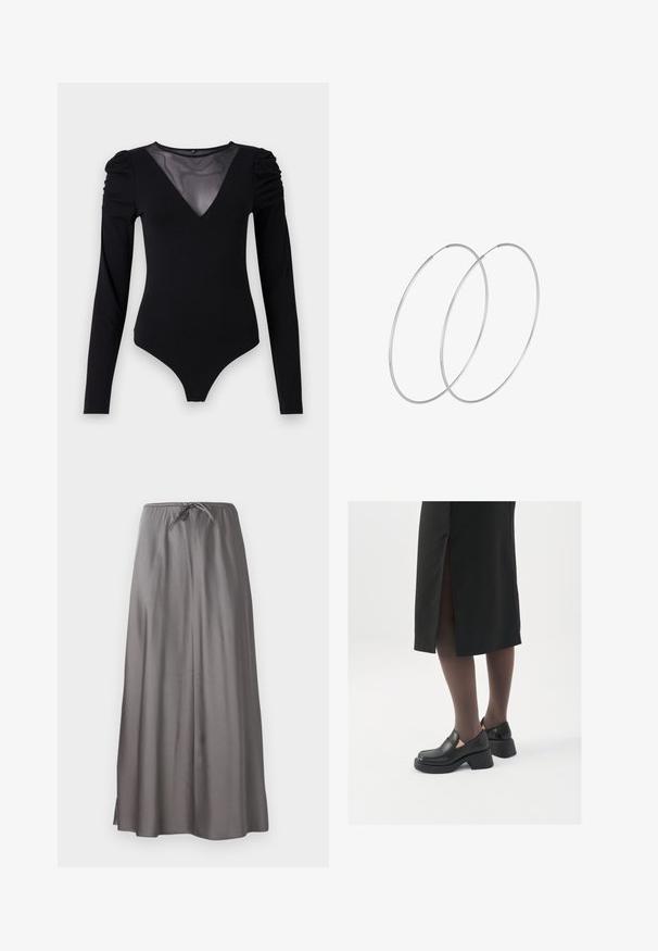 Svart bodysuit med långa ärmar, med en mesh V-ringning och skräddarsydd axeldetalj. Slät tyg med en kroppsnära passform.; Grå maxikjol gjord av mjukt, lätt material. Har resårmidja med dragsko och sidoöppningar för enkel rörelse.; Svarta läderskor med rund tå, tjock klack utan häl och elastiska sidodetaljer, kombinerat med mörka strumpbyxor och en svart kjol med slits.; Silverfärgade hoopörhängen med en minimalistisk design. Cirkulär form, slät yta och tunn profil. Lätta med en polerad finish.