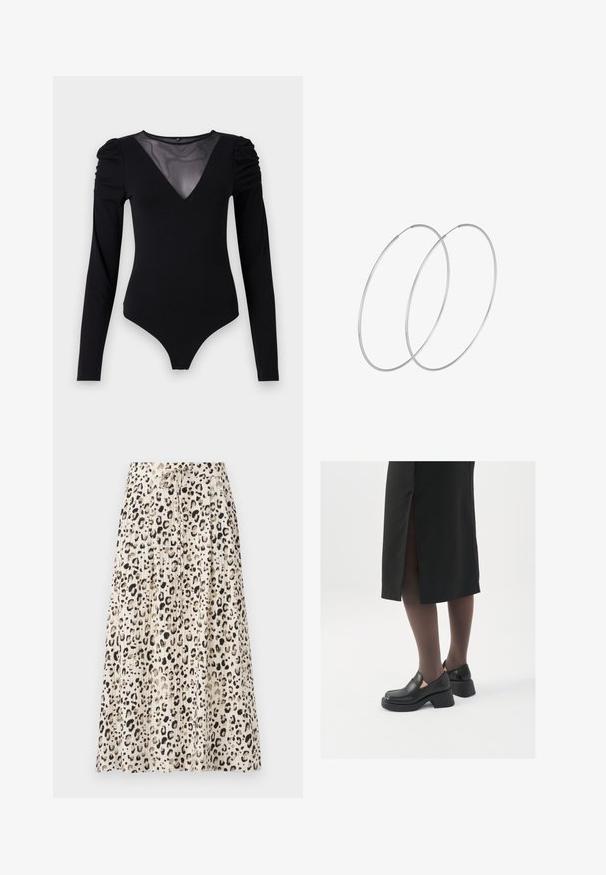 Svart bodysuit med långa ärmar, med en mesh V-ringning och skräddarsydd axeldetalj. Slät tyg med en kroppsnära passform.; Fållad midikjol i ett lätt material med en beige bas och svart leopardmönster samt dragsko i midjan för justerbar passform.; Svarta läderskor med rund tå, tjock klack utan häl och elastiska sidodetaljer, kombinerat med mörka strumpbyxor och en svart kjol med slits.; Silverfärgade hoopörhängen med en minimalistisk design. Cirkulär form, slät yta och tunn profil. Lätta med en polerad finish.