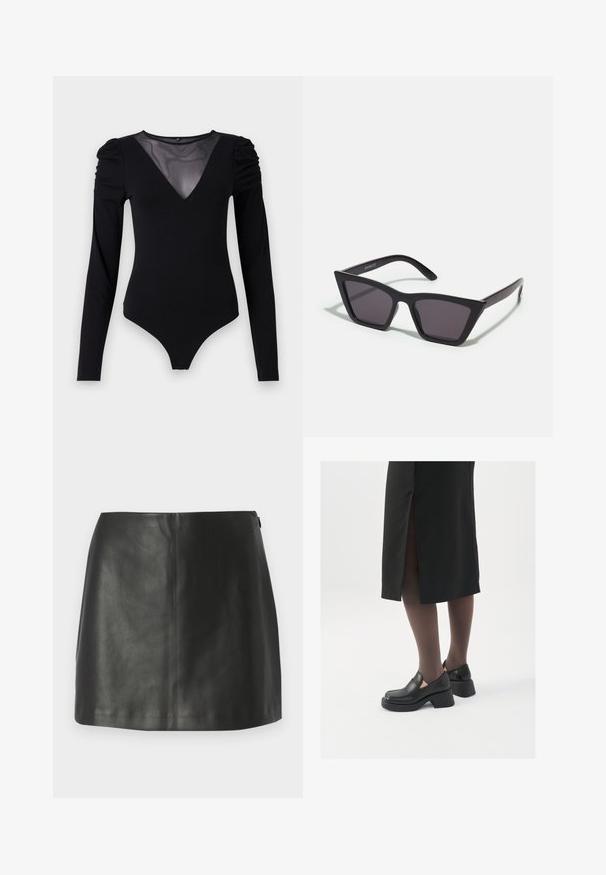 Fekete, hosszú ujjú testharisnya, hálós V-kivágással és ráncolt vállrésszel. Sima anyag, amely testhez simuló fazonú.; Abercrombie & Fitch SCARLETT MINI SKORT - Miniszoknya - black beauty; Fekete bőr cipők lekerekített orral, vastag blokk sarkakkal és elasztikus oldalsó díszítésekkel, sötét harisnyával és hasítékkal ellátott fekete szoknyával párosítva.; Fekete, szögletes napszemüveg szürke lencsékkel; műanyagból készült, vastag karokkal, sima felülettel és látható hardver nélkül.