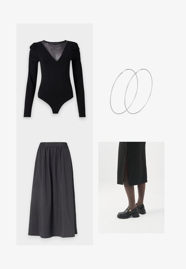 Juodas bodis su ilgomis rankovėmis, turintis tinklinį V formos iškirpimą ir sutrauktą peties detalę. Lygus audinys su prigludusia forma.; Juodas medvilnės sijonas su elastingu juosmeniu, A formos siluetas, lygia tekstūra, siekiantis per vidurį blauzdų, be matomų raštų ar detalijų.; Juodos odinės bateliai su apvaliu nosiu, stora blokine pakulne ir elastingais šonais, derinami su tamsiomis pėdkelnėmis ir juoda sijonu su plyšiu.; Sidabrinės pusmėnulio auskarai minimalistiniu dizainu. Apskritimo forma, lygus paviršius ir plonas profilis. Lengvi su poliruotu apdailu.