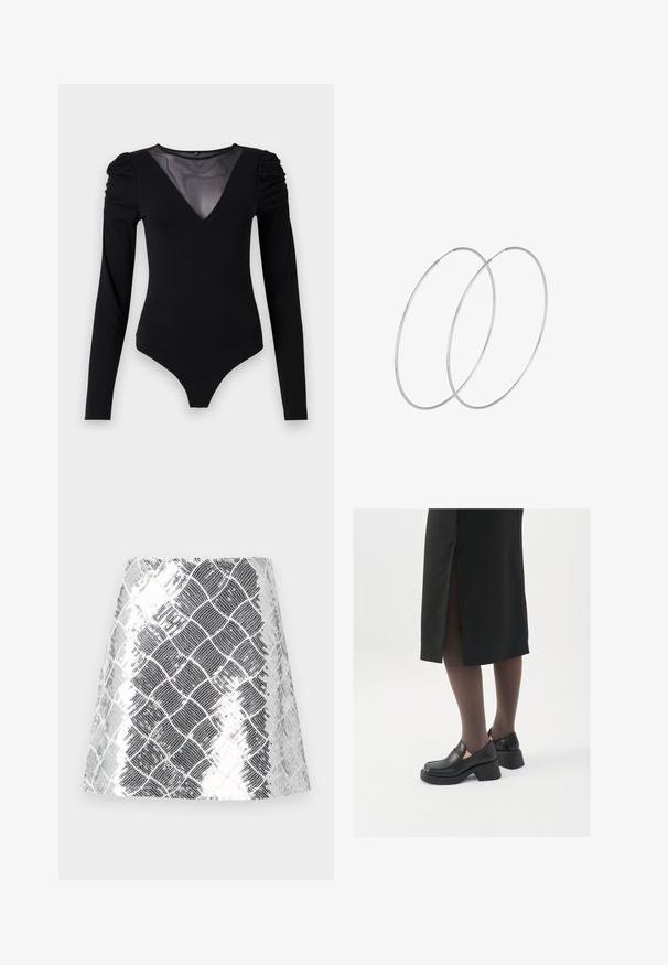 Čierny body s dlhými rukávmi, s rezom do V z priesvitnej látky a zhromaždením na pleciach. Hladká tkanina s priliehavým strihom.; Sukňa so strieborným a čiernym vzorom s textúrovaným, kovovým povrchom. Dizajn má celoplošný efekt hadej kože v mriežkovanom vzhľade.; Čierne kožené topánky s okrúhlou špičkou, silným blokovým opätkom a elastickými bočnými akcentmi, skombinované s tmavými pančuchami a čiernou sukňou so štiepením.; Strieborné kruhové náušnice s minimalistickým dizajnom. Cirkulárny tvar, hladký povrch a tenký profil. Ľahké s lesklým povrchom.