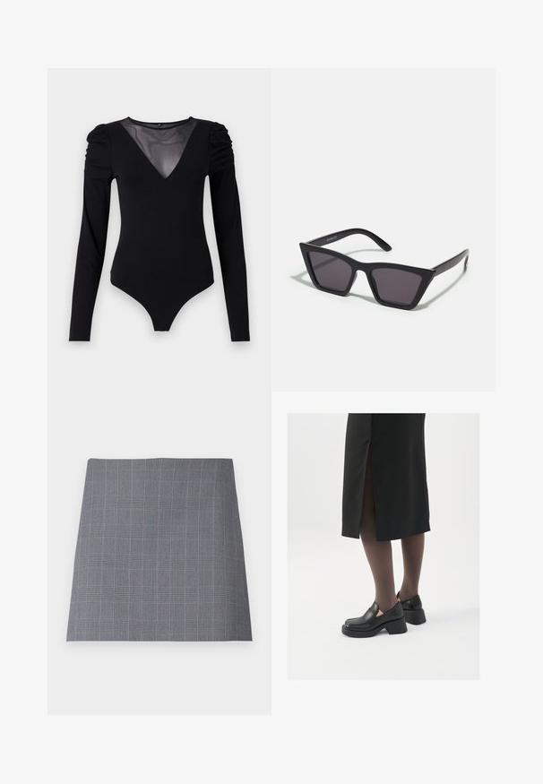 Schwarzer Body mit langen Ärmeln, ausgestattet mit einem Mesh-V-Ausschnitt und gerafften Schultern. Glattes Material mit taillierter Passform.; Grauer Karorock mit strukturiertem Schnitt, der feine schwarze und blaue Linien in einem Gittermuster aufweist, aus einem glatten Stoff gefertigt.; Schwarze Lederschuhe mit abgerundetem Zeh, dicker Blockabsatz und elastischen seitlichen Akzenten, kombiniert mit dunklen Strumpfhosen und einem schwarzen Rock mit Schlitz.; Schwarze, eckige Sonnenbrille mit grauen Gläsern; aus Kunststoff gefertigt, mit dicken Bügeln, die eine glatte Oberfläche und keine sichtbaren Beschläge haben.