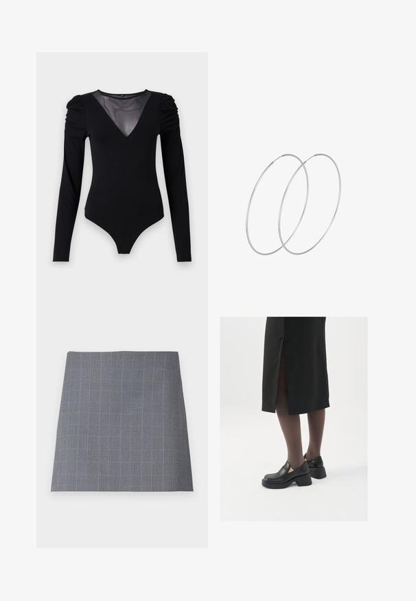 Černý body s dlouhými rukávy, vyznačující se síťovým výstřihem do V a nařasenými detaily na ramenech. Hladký materiál s přiléhavým střihem.; Šedá kostkovaná sukně se strukturovaným tvarem, s jemnými černými a modrými liniemi v mřížkovém vzoru, vyrobena z hladké tkaniny.; Černé kožené boty s kulatou špičkou, silným blokovým podpatkem a elastickými bočními akcenty, spárované s tmavými punčochami a černou sukní se rozparkem.; Stříbrné kruhové náušnice s minimalistickým designem. Kruh, hladký povrch a tenký profil. Lehká konstrukce s lesklým povrchem.