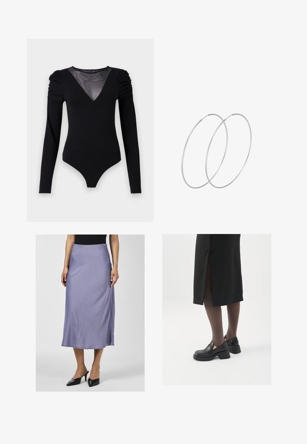 Musternahkade pikkade varrukatega must bodi, millel on läbipaistev V-kujuline kaelus ja korraldatud õlavarre detail. Sile kangas, millel on vormiv kujundus.; Pehmeast lavendli värvi satiinist midi-seelik, sile tekstuur, külgsed lõhikud, kantud koos mustade kontsadega mullen. Peal sobitatud must särk.; Mustad mustad jalatsid ümmarguse varbaga, paksu plokkniidi ja elastsete külgdetailidega, kombineeritud tumedate sukkade ja musta lõhikuga seelikuga.; Hõbedased rõngastikkaehingad minimalistlikus disainis. Ümar kuju, sile tekstuur ja õhuke profiil. Kerged ning poleeritud viimistlusega.