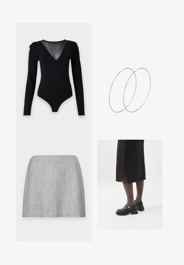 Čierny body s dlhými rukávmi, s rezom do V z priesvitnej látky a zhromaždením na pleciach. Hladká tkanina s priliehavým strihom.; Sivá sukňa s hladkou, textúrovanou tkaninou, s rovný strihom a bez viditeľných ozdôb. Jednoduchý, minimalistický dizajn.; Čierne kožené topánky s okrúhlou špičkou, silným blokovým opätkom a elastickými bočnými akcentmi, skombinované s tmavými pančuchami a čiernou sukňou so štiepením.; Strieborné kruhové náušnice s minimalistickým dizajnom. Cirkulárny tvar, hladký povrch a tenký profil. Ľahké s lesklým povrchom.