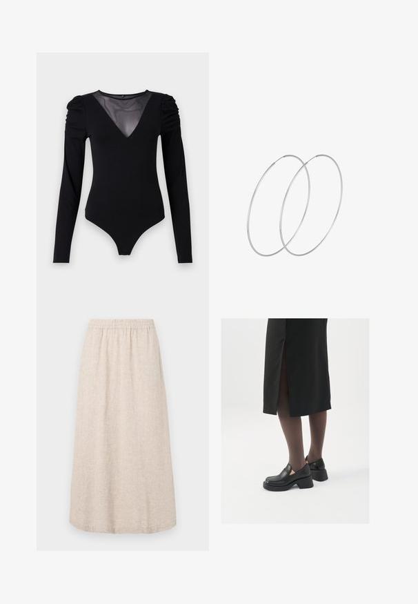 Black bodysuit with long sleeves, featuring a mesh V-neckline and gathered shoulder detail. Smooth fabric with a fitted shape.; Beige linen skirt with an elastic waistband, midi length, and subtle texture pattern. No pockets or additional accents visible.; Black leather shoes with a rounded toe, thick block heel, and elastic side accents, paired with dark tights and a black skirt with a slit.; Silver hoop earrings with a minimalist design. Circular shape, smooth texture, and thin profile. Lightweight with a polished finish.