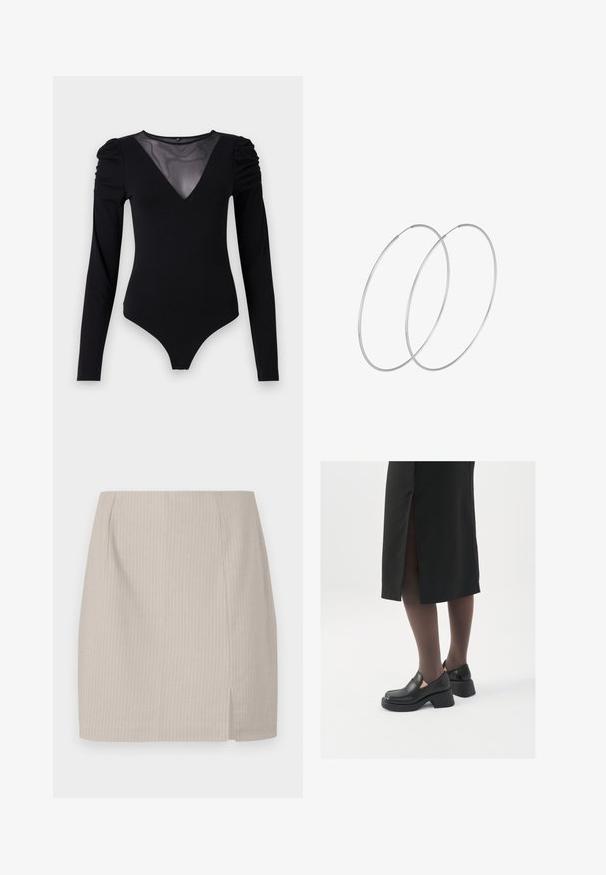 Musta body, jossa on pitkät hihat, verkko V-aukko ja rypytetty olkapäädetalji. Silkkinen kangas, joka muotoilee vartalon.; Beige kynähame, jossa on raidallinen pinta, suora malli ja sivuhalkio lisäliikkuvuutta varten. Valmistettu kevyestä kankaasta.; Mustat nahkakengät pyöreällä kärjellä, paksulla lohkopohjalla ja joustavilla sivuakkesseilla, yhdistettynä tummiin sukkahousuihin ja mustaan hameeseen, jossa on halkio.; Hopehope hopeilla, joissa on minimalistinen muotoilu. Pyöreä muoto, sileä pinta ja ohut profiili. Kevyet ja kiillotetut.