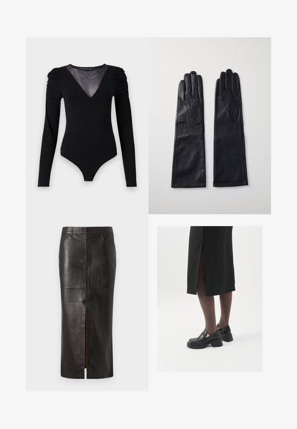 Bodysuit noir à manches longues, avec un décolleté en V en maille et des détails froncés aux épaules. Tissu lisse avec une silhouette ajustée.; Jupe midi en cuir noir au design épuré, dotée d'une fermeture éclair à l'avant, de deux poches latérales et d'une finition lisse et texturée.; Chaussures noires en cuir avec un bout arrondi, un épais talon bloc et des accents latéraux élastiques, associées à des bas foncés et une jupe noire avec une fente.; Anna Field LEATHER - Gants - black