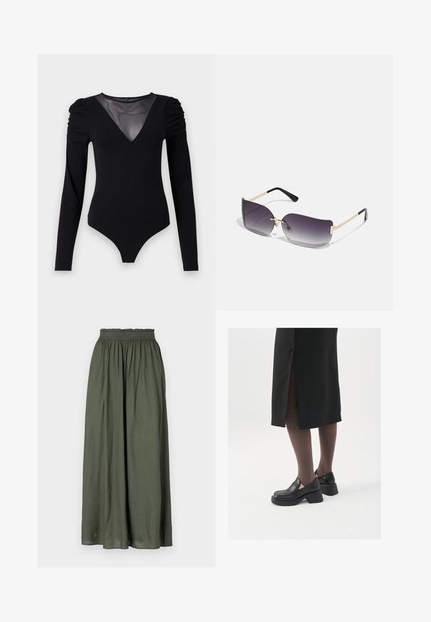 Black bodysuit with long sleeves, featuring a mesh V-neckline and gathered shoulder detail. Smooth fabric with a fitted shape.; Dark green maxi skirt made of lightweight fabric, featuring a gathered elastic waistband and flowing design with pleats.; Black leather shoes with a rounded toe, thick block heel, and elastic side accents, paired with dark tights and a black skirt with a slit.; Sunglasses with a gray gradient lens, gold metal frame, and black plastic accents. Unique butterfly-shaped lenses with thin arms.; Silver hoop earrings with a minimalist design. Circular shape, smooth texture, and thin profile. Lightweight with a polished finish.
