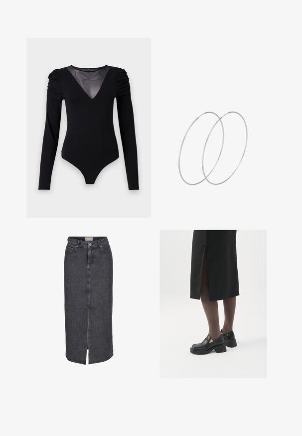 Črno bodi s dolgimi rokavi, z mrežastim V-izrezom in nabranimi rameni. Gladek material z oblikovanim krojem.; Črna denim krila z visokim pasom, sprednjim razporkom in obliko s petimi žepi. Ima vidne šive in gumbasto zapiranje.; Črne usnjene čevlje s zaobljenim prstom, debelim blokastim petama in elastičnimi stranskimi detajli, v kombinaciji s temno nogavicami in črno krilo z razporkom.; Srebrne uhane v obliki obroča z minimalističnim dizajnom. Krožna oblika, gladka tekstura in tanek profil. Lahki s poliranim zaključkom.