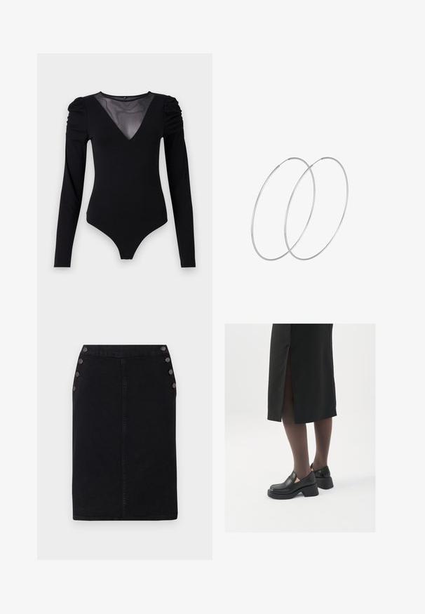 Črno bodi s dolgimi rokavi, z mrežastim V-izrezom in nabranimi rameni. Gladek material z oblikovanim krojem.; Črna denimska svinčnik krila s pravo silhueto, ki ima velike dekorativne gumbe na levi strani in sprednji šiv.; Črne usnjene čevlje s zaobljenim prstom, debelim blokastim petama in elastičnimi stranskimi detajli, v kombinaciji s temno nogavicami in črno krilo z razporkom.; Srebrne uhane v obliki obroča z minimalističnim dizajnom. Krožna oblika, gladka tekstura in tanek profil. Lahki s poliranim zaključkom.