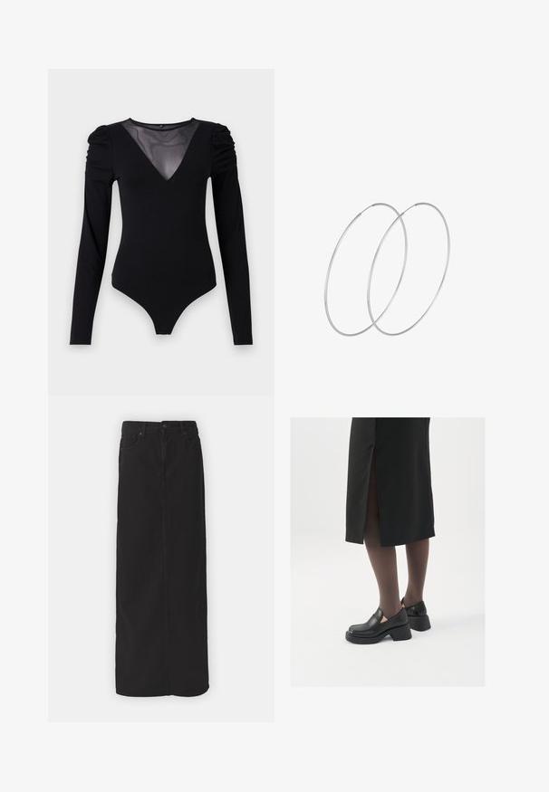 Bodysuit noir à manches longues, avec un décolleté en V en maille et des détails froncés aux épaules. Tissu lisse avec une silhouette ajustée.; Jupe maxi en denim noir avec une coupe droite, poches avant, passants de ceinture et fermeture à bouton unique à la taille. Texture de tissu lisse.; Chaussures noires en cuir avec un bout arrondi, un épais talon bloc et des accents latéraux élastiques, associées à des bas foncés et une jupe noire avec une fente.; Boucles d'oreilles en argent au design minimaliste. Forme circulaire, texture lisse et profil fin. Légères avec une finition polie.