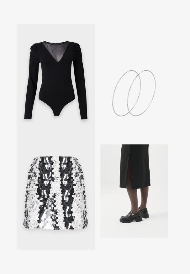 Črno bodi s dolgimi rokavi, z mrežastim V-izrezom in nabranimi rameni. Gladek material z oblikovanim krojem.; Kratka krilo s bleščičastim vzorcem v črni in srebrni barvi z oprijetim krojem. Vsebuje reflektivne okrogle bleščice, razporejene v valovit vzorec. Gladka tekstura.; Črne usnjene čevlje s zaobljenim prstom, debelim blokastim petama in elastičnimi stranskimi detajli, v kombinaciji s temno nogavicami in črno krilo z razporkom.; Srebrne uhane v obliki obroča z minimalističnim dizajnom. Krožna oblika, gladka tekstura in tanek profil. Lahki s poliranim zaključkom.