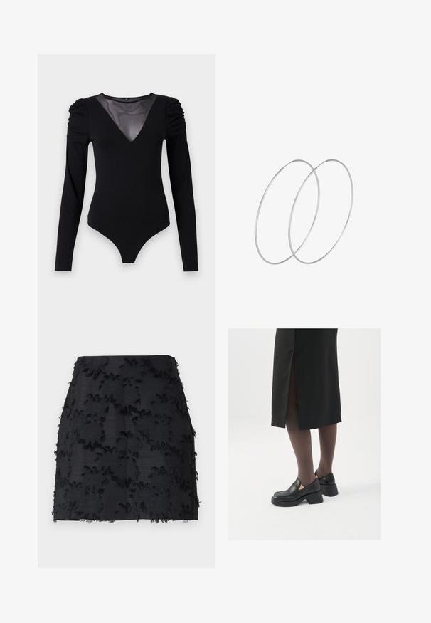 Melnā bodija ar garām piedurknēm, piedāvā ar caurspīdīgu V-veida kakla izgriezumu un savāktu plecu detaļu. Gluda auduma, ar pieguļošu formu.; Melna svārku ar teksturētu ziedu izšuvumu, ar saplēstiem galiem un elegantu siluetu. Izgatavoti no gludas auduma ar strukturētu formu.; Melni ādas apavi ar noapaļotu purngalu, biezām bloku papēžiem un elastīgiem sānu akcentiem, apvienoti ar tumšām zeķubiksēm un melnu svārku ar šķirbu.; Sudraba gredzenveida auskari ar minimālistisku dizainu. Cirkulāra forma, gluda tekstūra un plāns profils. Vieglu svaru ar spīdīgu apdari.