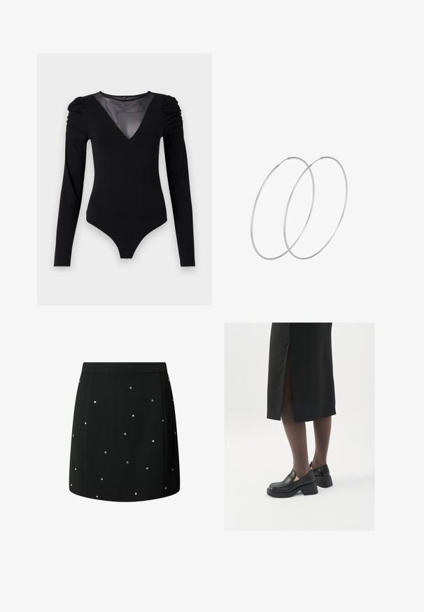 Černý body s dlouhými rukávy, vyznačující se síťovým výstřihem do V a nařasenými detaily na ramenech. Hladký materiál s přiléhavým střihem.; Černá sukně z hladké tkaniny, s náhodně rozmístěnými stříbrnými cvočky jako akcenty. Rovný střih s čistým lemem.; Černé kožené boty s kulatou špičkou, silným blokovým podpatkem a elastickými bočními akcenty, spárované s tmavými punčochami a černou sukní se rozparkem.; Stříbrné kruhové náušnice s minimalistickým designem. Kruh, hladký povrch a tenký profil. Lehká konstrukce s lesklým povrchem.