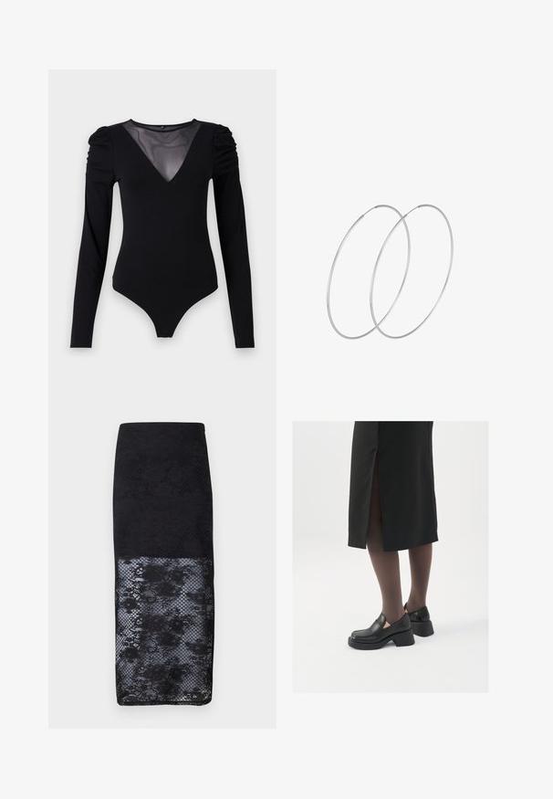 Črno bodi s dolgimi rokavi, z mrežastim V-izrezom in nabranimi rameni. Gladek material z oblikovanim krojem.; MSCH Copenhagen ANTONIE SKIRT - Ozko oprijeto krilo - black; Črne usnjene čevlje s zaobljenim prstom, debelim blokastim petama in elastičnimi stranskimi detajli, v kombinaciji s temno nogavicami in črno krilo z razporkom.; Srebrne uhane v obliki obroča z minimalističnim dizajnom. Krožna oblika, gladka tekstura in tanek profil. Lahki s poliranim zaključkom.