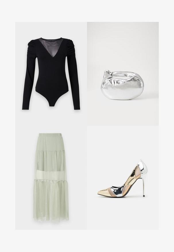 Black bodysuit with long sleeves, featuring a mesh V-neckline and gathered shoulder detail. Smooth fabric with a fitted shape.; Light green layered skirt made of sheer fabric, featuring an elastic waistband and a flowy, tiered design with a soft texture.; Pointed-toe high heel shoe with a silver, gold, and nude color scheme. Glossy finish with cutout design, featuring a stiletto heel.; Silver metallic pouch bag with a soft, rounded shape and a knotted top closure. Made from smooth faux leather material.; Silver hoop earrings with a minimalist design. Circular shape, smooth texture, and thin profile. Lightweight with a polished finish.