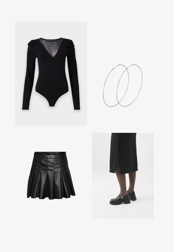 Črno bodi s dolgimi rokavi, z mrežastim V-izrezom in nabranimi rameni. Gladek material z oblikovanim krojem.; Črno krilo z gubami iz umetnega usnja, s prilagojenim pasom in razširjenim robom. Elegantna tekstura z gladkim, sijočim zaključkom.; Črne usnjene čevlje s zaobljenim prstom, debelim blokastim petama in elastičnimi stranskimi detajli, v kombinaciji s temno nogavicami in črno krilo z razporkom.; Srebrne uhane v obliki obroča z minimalističnim dizajnom. Krožna oblika, gladka tekstura in tanek profil. Lahki s poliranim zaključkom.
