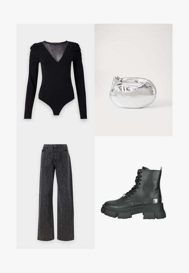 Musternahkade pikkade varrukatega must bodi, millel on läbipaistev V-kujuline kaelus ja korraldatud õlavarre detail. Sile kangas, millel on vormiv kujundus.; Noisy May NMJANNEL LOOSE - Avar lõikega teksad - black denim; Mustmustest mustavöö ja ümar varvas. Esiküljel on pealmine soon, millel on metallist silmad, ja taga tõmbeaas.; Hõbedane metallikoti kott pehme, ümar kuju ja sõlme ülemise sulgemisega. Valmistatud siledast kunstnahast materjalist.; Hõbedased rõngastikkaehingad minimalistlikus disainis. Ümar kuju, sile tekstuur ja õhuke profiil. Kerged ning poleeritud viimistlusega.