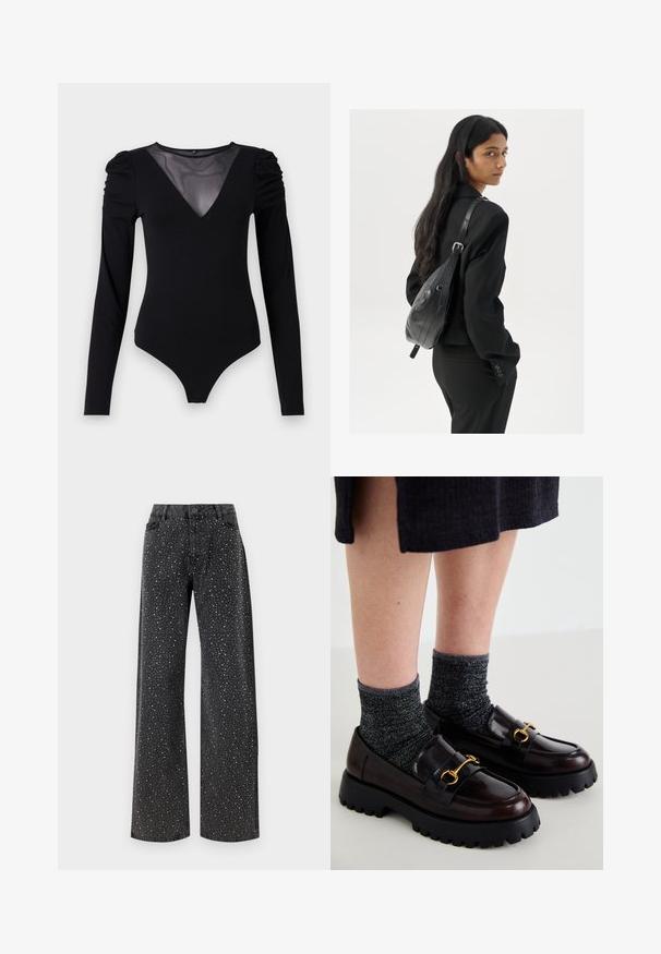 Body nero con maniche lunghe, caratterizzato da un scollo a V in rete e dettagli arricciati sulle spalle. Tessuto morbido con una forma aderente.; Noisy May NMJANNEL LOOSE - Jeans baggy - black denim; Call it Spring CLUELESSS - Scarpe senza lacci - dark brown; Donna con lunghi capelli scuri, vestita con un completo nero, che porta una borsa a tracolla in pelle nera, mentre guarda oltre la spalla su uno sfondo bianco.; Orecchini a cerchio in argento con un design minimalista. Forma circolare, superficie liscia e profilo sottile. Leggeri con una finitura lucida.