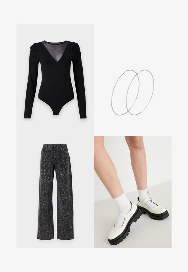 Black bodysuit with long sleeves, featuring a mesh V-neckline and gathered shoulder detail. Smooth fabric with a fitted shape.; Noisy May NMJANNEL LOOSE - Relaxed fit jeans - black denim; White patent leather Mary Jane shoes with a chunky black sole, featuring a strap across the instep and worn with white socks.; Silver hoop earrings with a minimalist design. Circular shape, smooth texture, and thin profile. Lightweight with a polished finish.
