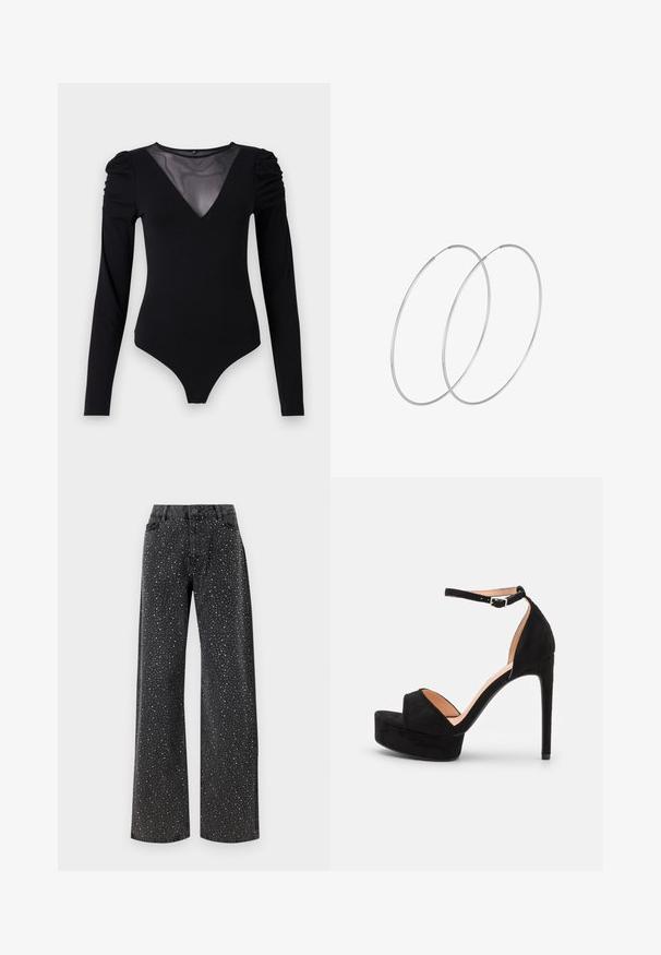 Czarny body z długimi rękawami, z siateczkowym dekoltem w kształcie litery V oraz marszczonym detalem na ramionach. Gładki materiał o dopasowanym kroju.; Noisy May NMJANNEL czarny denim; Czarne zamszowe sandały na wysokim obcasie z platformą, pasek na kostkę z srebrnymi akcentami, otwarty czubek i gładka faktura.; Srebrne kolczyki w formie obręczy o minimalistycznym designie. Okrągły kształt, gładka faktura i cienki profil. Lekkie, z polerowanym wykończeniem.