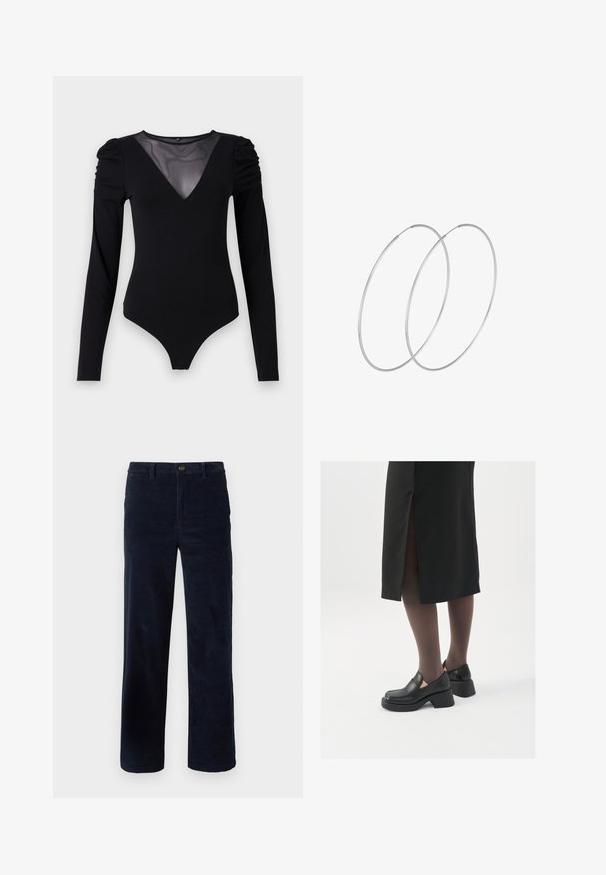 Bodysuit noir à manches longues, avec un décolleté en V en maille et des détails froncés aux épaules. Tissu lisse avec une silhouette ajustée.; Pantalons en velours côtelé marine à jambes droites, avec une fermeture à bouton et un tissu texturé. Aucun motif ou accent visible.; Chaussures noires en cuir avec un bout arrondi, un épais talon bloc et des accents latéraux élastiques, associées à des bas foncés et une jupe noire avec une fente.; Boucles d'oreilles en argent au design minimaliste. Forme circulaire, texture lisse et profil fin. Légères avec une finition polie.