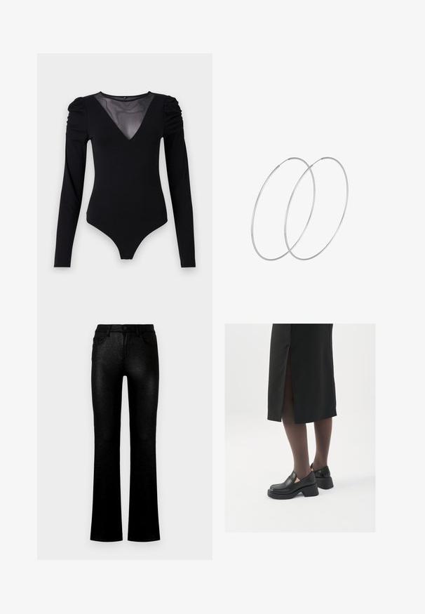 Black bodysuit with long sleeves, featuring a mesh V-neckline and gathered shoulder detail. Smooth fabric with a fitted shape.; Black flared jeans made of a shiny, textured fabric. Features include front pockets, a button closure, and a classic five-pocket design.; Black leather shoes with a rounded toe, thick block heel, and elastic side accents, paired with dark tights and a black skirt with a slit.; Silver hoop earrings with a minimalist design. Circular shape, smooth texture, and thin profile. Lightweight with a polished finish.