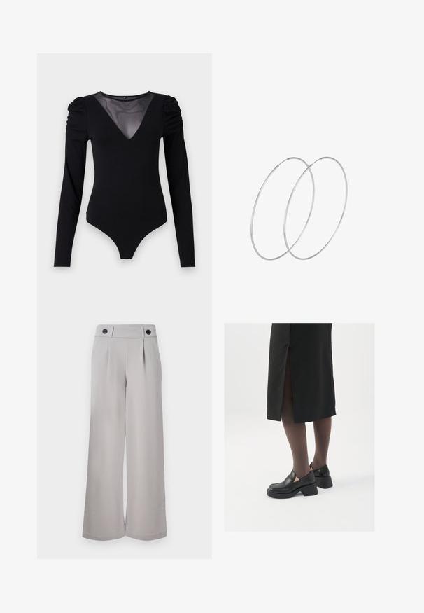 Musternahkade pikkade varrukatega must bodi, millel on läbipaistev V-kujuline kaelus ja korraldatud õlavarre detail. Sile kangas, millel on vormiv kujundus.; Heledad hallhalli laiud püksid, mis on valmistatud siledast kangast, millel on lame esiosa, kaks voltimist ja kaks musta nööpi vöökohtadel.; Mustad mustad jalatsid ümmarguse varbaga, paksu plokkniidi ja elastsete külgdetailidega, kombineeritud tumedate sukkade ja musta lõhikuga seelikuga.; Hõbedased rõngastikkaehingad minimalistlikus disainis. Ümar kuju, sile tekstuur ja õhuke profiil. Kerged ning poleeritud viimistlusega.