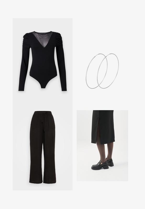 Černý body s dlouhými rukávy, vyznačující se síťovým výstřihem do V a nařasenými detaily na ramenech. Hladký materiál s přiléhavým střihem.; Černé kalhoty s širokými nohavicemi vyrobené z lehké tkaniny, se strečovým pasem a šňůrkou na stažení. Hladká textura a celoplošný design.; Černé kožené boty s kulatou špičkou, silným blokovým podpatkem a elastickými bočními akcenty, spárované s tmavými punčochami a černou sukní se rozparkem.; Stříbrné kruhové náušnice s minimalistickým designem. Kruh, hladký povrch a tenký profil. Lehká konstrukce s lesklým povrchem.