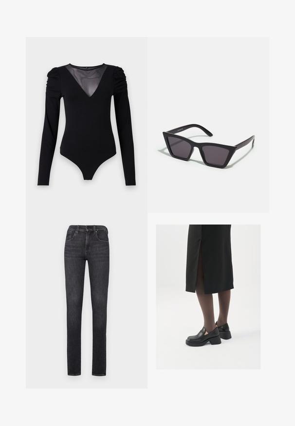 Juodas bodis su ilgomis rankovėmis, turintis tinklinį V formos iškirpimą ir sutrauktą peties detalę. Lygus audinys su prigludusia forma.; Juoda džinsų kelnės su aptemptu siluetu, aukštu liemeniu, mygtukų uždarymu ir tradiciniu penkių kišenių dizainu. Lygus tekstūros paviršius, minimalus blukimas.; Juodos odinės bateliai su apvaliu nosiu, stora blokine pakulne ir elastingais šonais, derinami su tamsiomis pėdkelnėmis ir juoda sijonu su plyšiu.; Juodos, kampuotos saulės akinios su pilkais stiklais; pagaminti iš plastiko, su storomis šakėmis, turinčiomis lygų paviršių ir be matomų detalių.