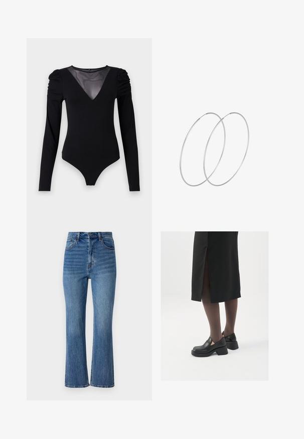 Čierny body s dlhými rukávmi, s rezom do V z priesvitnej látky a zhromaždením na pleciach. Hladká tkanina s priliehavým strihom.; Svetlo modré riflové nohavice s rozšírenými nohavicami a vysokým pásom, s piatimi vreckami a jemným vyblednutím. Obsahujú zlaté švy a gombíkový uzáver.; Čierne kožené topánky s okrúhlou špičkou, silným blokovým opätkom a elastickými bočnými akcentmi, skombinované s tmavými pančuchami a čiernou sukňou so štiepením.; Strieborné kruhové náušnice s minimalistickým dizajnom. Cirkulárny tvar, hladký povrch a tenký profil. Ľahké s lesklým povrchom.