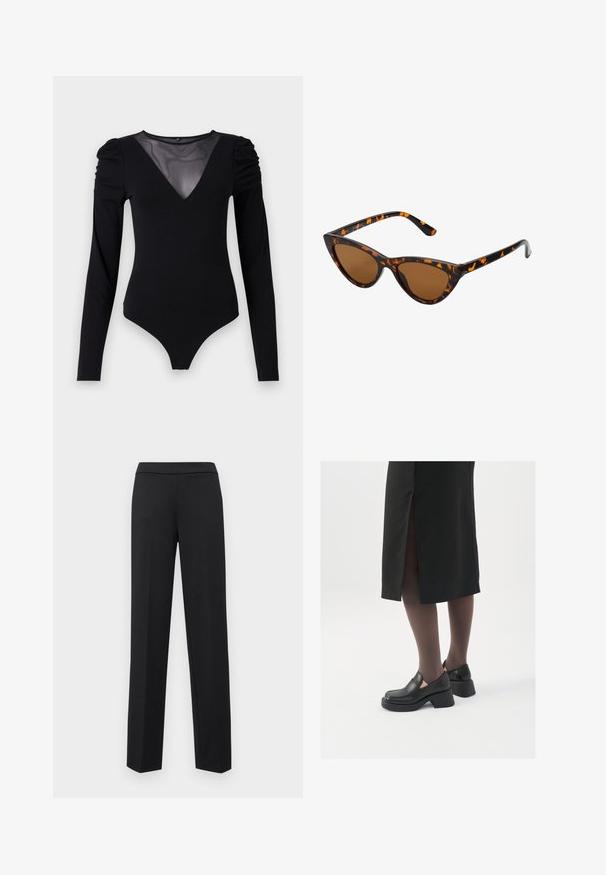Fekete, hosszú ujjú testharisnya, hálós V-kivágással és ráncolt vállrésszel. Sima anyag, amely testhez simuló fazonú.; ONLY ONLPEACH LIFE PULL UP PANT - Nadrágok - black; Fekete bőr cipők lekerekített orral, vastag blokk sarkakkal és elasztikus oldalsó díszítésekkel, sötét harisnyával és hasítékkal ellátott fekete szoknyával párosítva.; Cica szemüveg fekete és narancssárga teknőc pánttal, barna lencsékkel és sima, hegyes végekkel. A templomán egy minimalista logó található.