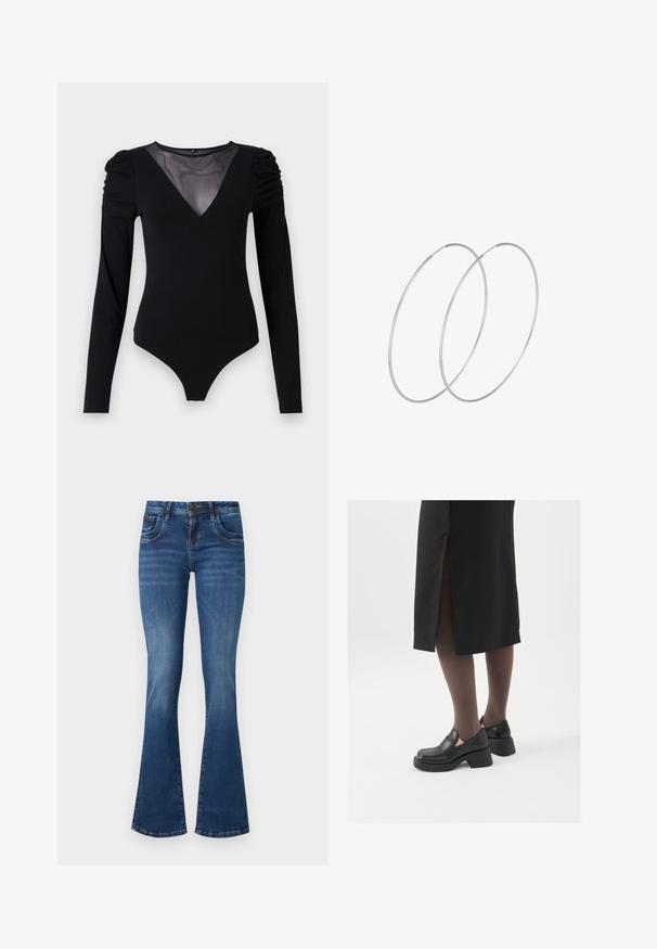 Bodysuit negro de manga larga, con un escote en V de malla y detalle fruncido en los hombros. Tejido suave con una forma ajustada.; Jeans de mezclilla azul acampanados con un lavado medio, que cuentan con un diseño clásico de cinco bolsillos, sutiles desgastes y costuras reforzadas.; Zapatos de piel negra con punta redondeada, tacón grueso y bloque, y acentos elásticos en los laterales, combinados con unos pantys oscuros y una falda negra con una abertura.; Pendientes de aro plateados con un diseño minimalista. Forma circular, textura suave y perfil delgado. Livianos con un acabado pulido.