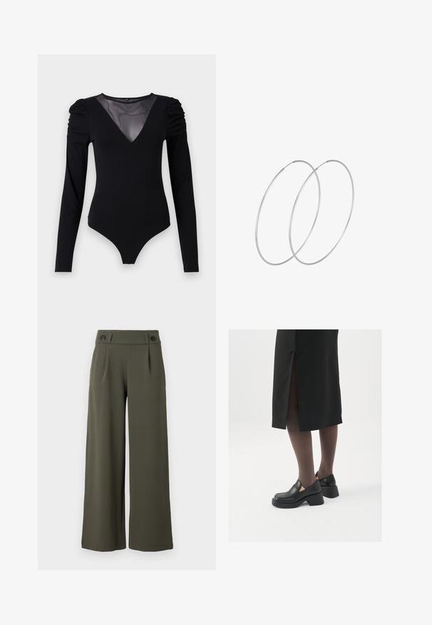 Melnā bodija ar garām piedurknēm, piedāvā ar caurspīdīgu V-veida kakla izgriezumu un savāktu plecu detaļu. Gluda auduma, ar pieguļošu formu.; Platas kājas olīvzaļa bikses, izgatavotas no gludas auduma; ar diviem melniem pogām jostasvietā un priekšējām krokām papildu detaļām.; Melni ādas apavi ar noapaļotu purngalu, biezām bloku papēžiem un elastīgiem sānu akcentiem, apvienoti ar tumšām zeķubiksēm un melnu svārku ar šķirbu.; Sudraba gredzenveida auskari ar minimālistisku dizainu. Cirkulāra forma, gluda tekstūra un plāns profils. Vieglu svaru ar spīdīgu apdari.