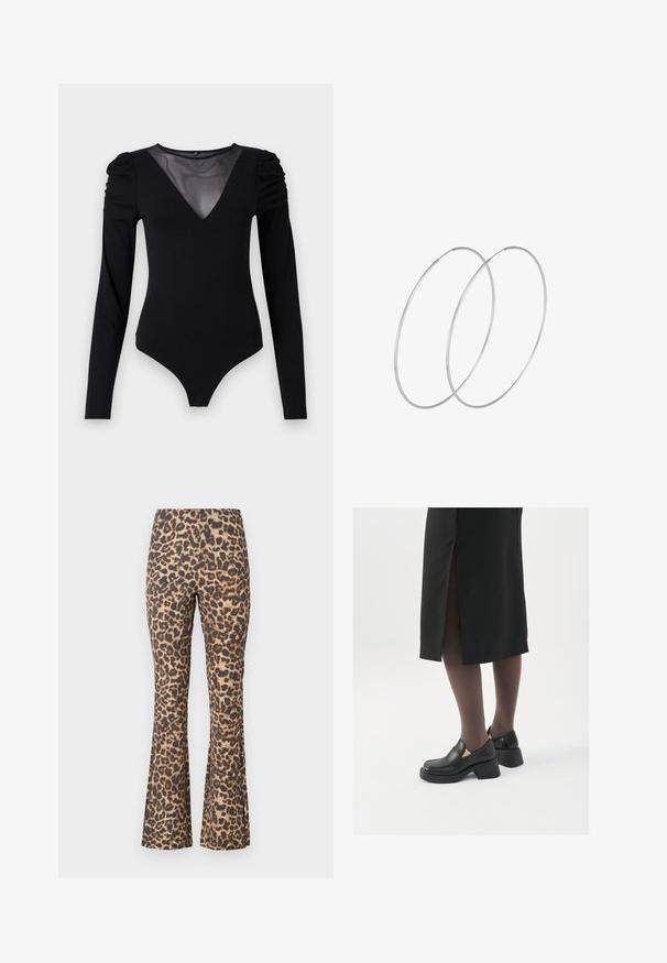 Crni bodysuit dugih rukava s mrežastim V-izrezom i naborima na ramenima. Glatka tkanina s prilagođenim oblikom.; Hlače s uzorkom leoparda u smeđoj i bež boji. Mekana tkanina s lagano teksturiranim završetkom. Imaju visoki struk i prilagođeni siluetu kroz cijeli kroj.; Crne kožne cipele s zaobljenim vrhom, debelim blok petama i elastičnim bočnim detaljima, uparene s tamnim čarapama i crnom suknjom s prorezom.; Srebrne okrugle naušnice s minimalističkim dizajnom. Kružni oblik, glatka tekstura i tanak profil. Lagane s poliranim završetkom.
