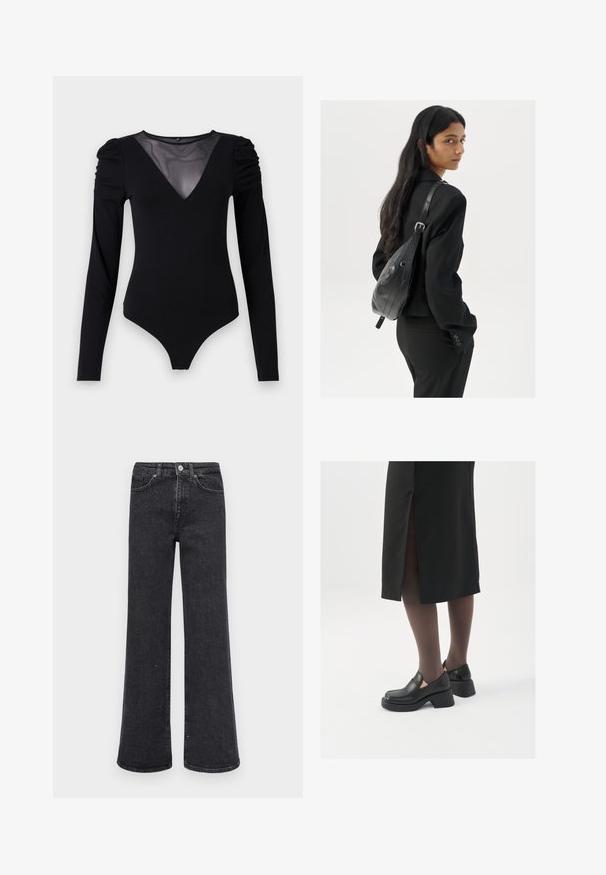 Crni bodysuit dugih rukava s mrežastim V-izrezom i naborima na ramenima. Glatka tkanina s prilagođenim oblikom.; Crne široke traperice s visokim strukom, prednjim džepovima i suptilnim ukrasima od malih kristala s jedne strane.; Crne kožne cipele s zaobljenim vrhom, debelim blok petama i elastičnim bočnim detaljima, uparene s tamnim čarapama i crnom suknjom s prorezom.; Žena s dugom tamnom kosom koja nosi crno odijelo, drži crnu kožnu torbu preko ramena i gleda unazad na bijeloj pozadini.; Srebrne okrugle naušnice s minimalističkim dizajnom. Kružni oblik, glatka tekstura i tanak profil. Lagane s poliranim završetkom.