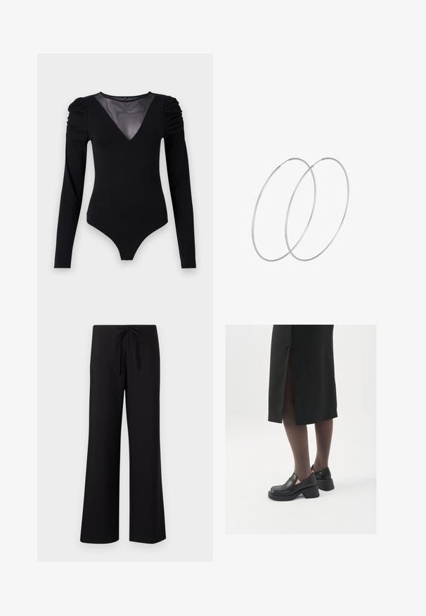 Bodysuit noir à manches longues, avec un décolleté en V en maille et des détails froncés aux épaules. Tissu lisse avec une silhouette ajustée.; Pantalons larges noirs en tissu doux, dotés d'une taille à cordon de serrage et d'une texture lisse, conçus pour le confort et la polyvalence.; Chaussures noires en cuir avec un bout arrondi, un épais talon bloc et des accents latéraux élastiques, associées à des bas foncés et une jupe noire avec une fente.; Boucles d'oreilles en argent au design minimaliste. Forme circulaire, texture lisse et profil fin. Légères avec une finition polie.
