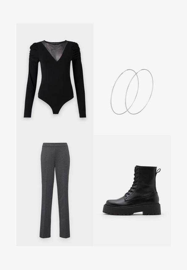 Črno bodi s dolgimi rokavi, z mrežastim V-izrezom in nabranimi rameni. Gladek material z oblikovanim krojem.; Sive hlače s ravnim krojem, gladko teksturo in širokim pasom. Imajo stranske žepke za praktičnost.; Črne usnjene gležnjarje z okroglo konico, vezalnim sprednjim delom in debelim gumijastim podplatom z teksturiranim profilom. Zanka na hrbtni strani.; Srebrne uhane v obliki obroča z minimalističnim dizajnom. Krožna oblika, gladka tekstura in tanek profil. Lahki s poliranim zaključkom.
