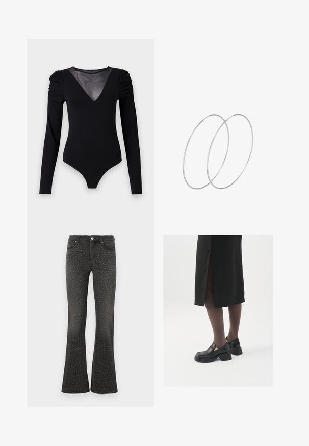 Black bodysuit with long sleeves, featuring a mesh V-neckline and gathered shoulder detail. Smooth fabric with a fitted shape.; Black flared jeans made of denim, featuring all-over white studs. High-rise waist with standard five-pocket styling and zipper fly.; Black leather shoes with a rounded toe, thick block heel, and elastic side accents, paired with dark tights and a black skirt with a slit.; Silver hoop earrings with a minimalist design. Circular shape, smooth texture, and thin profile. Lightweight with a polished finish.