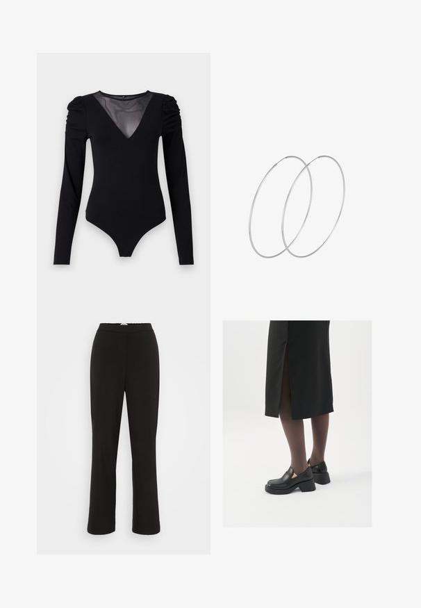 Črno bodi s dolgimi rokavi, z mrežastim V-izrezom in nabranimi rameni. Gladek material z oblikovanim krojem.; Črne, gladke tkaninske hlače s ravnim krojem in elastičnim pasom. Imajo diskretno šivanko po sprednji strani vsake nogavice.; Črne usnjene čevlje s zaobljenim prstom, debelim blokastim petama in elastičnimi stranskimi detajli, v kombinaciji s temno nogavicami in črno krilo z razporkom.; Srebrne uhane v obliki obroča z minimalističnim dizajnom. Krožna oblika, gladka tekstura in tanek profil. Lahki s poliranim zaključkom.