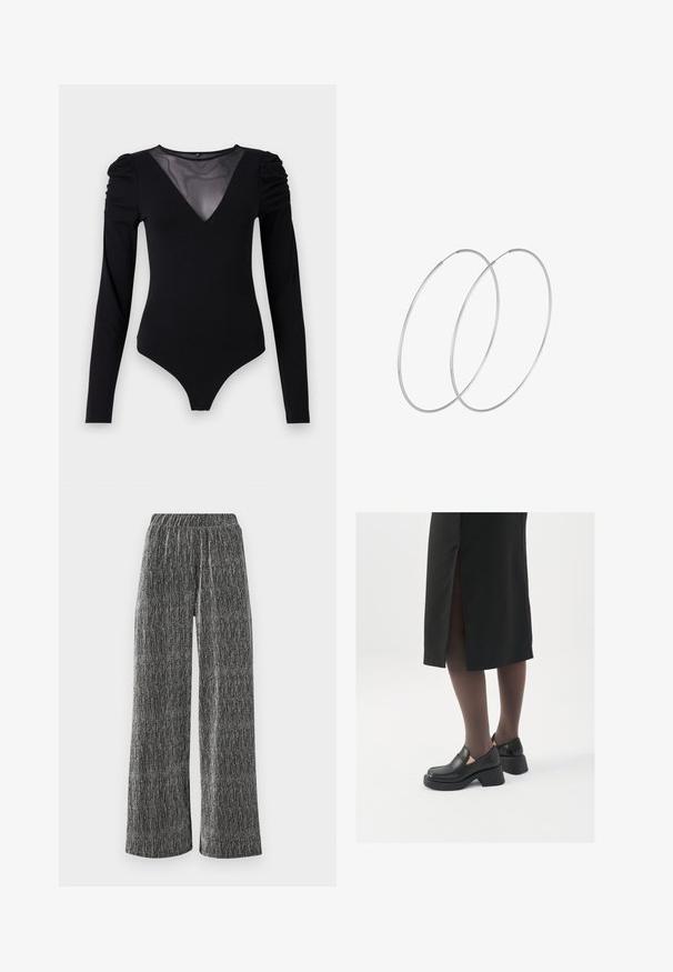 Čierny body s dlhými rukávmi, s rezom do V z priesvitnej látky a zhromaždením na pleciach. Hladká tkanina s priliehavým strihom.; Široké nohavice z textúrovanej čiernej a striebornej látky s priliehavým elastickým pásom a vertikálnym pruhovaným vzorom.; Čierne kožené topánky s okrúhlou špičkou, silným blokovým opätkom a elastickými bočnými akcentmi, skombinované s tmavými pančuchami a čiernou sukňou so štiepením.; Strieborné kruhové náušnice s minimalistickým dizajnom. Cirkulárny tvar, hladký povrch a tenký profil. Ľahké s lesklým povrchom.